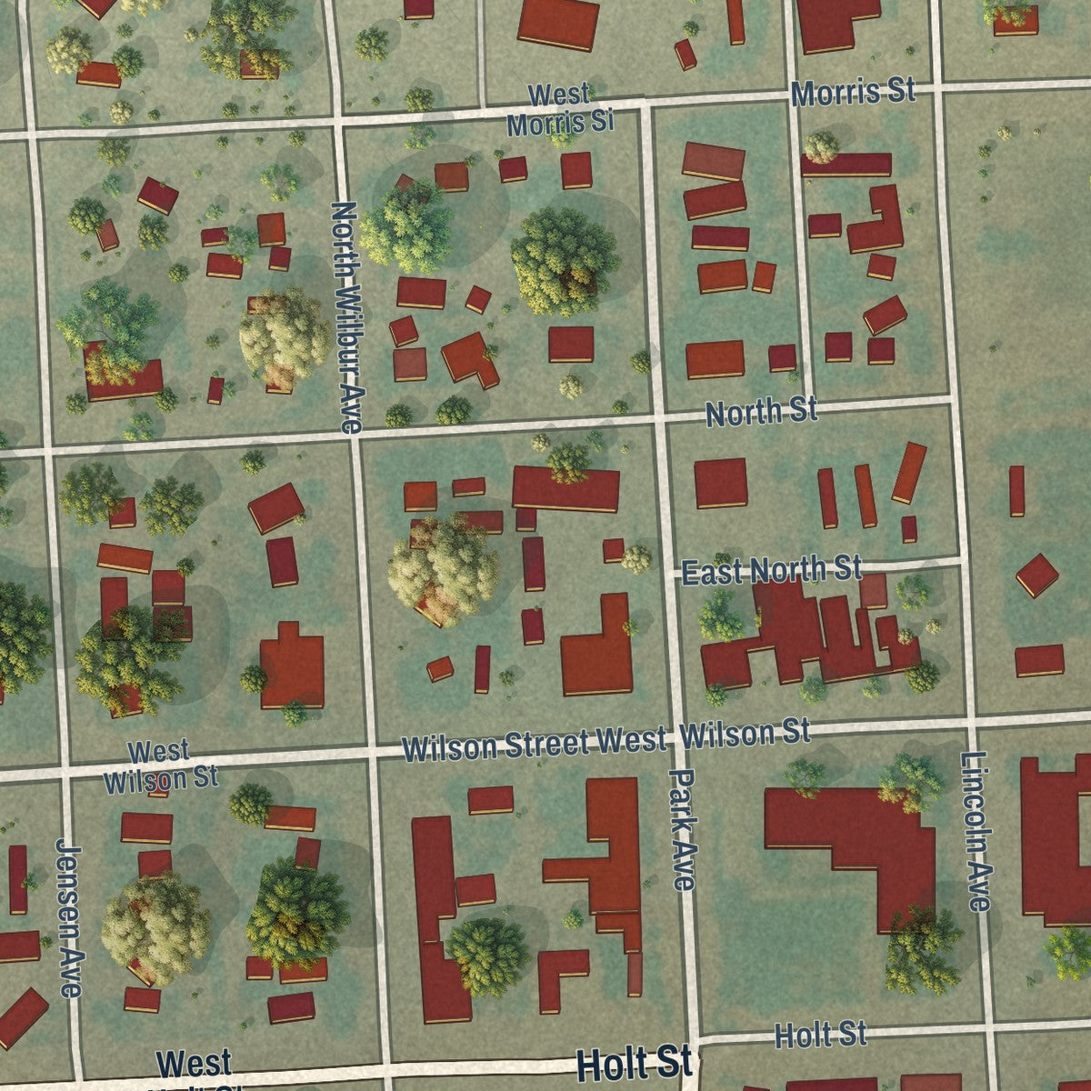 Close-up of the map of Broadus, Montana print showing street and building detail