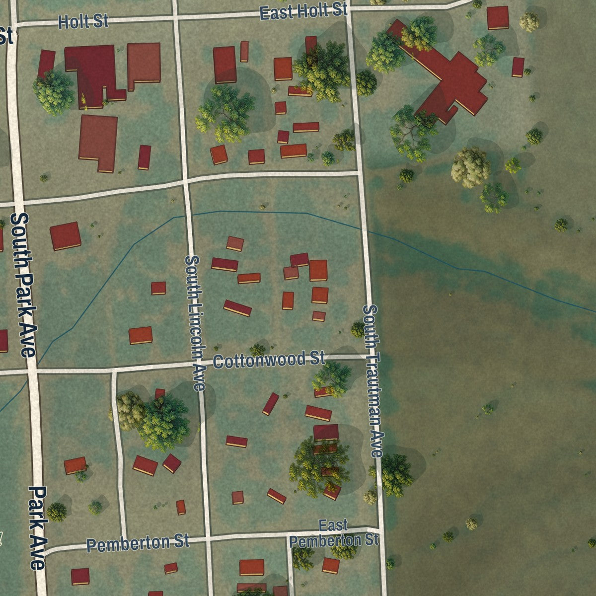 Second close-up of the map of Broadus, Montana print showing more streets and buildings