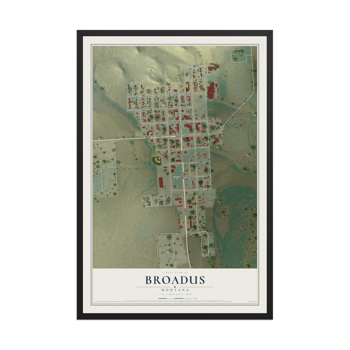 Map of Broadus, Montana, 12 x 18 inch print in a black wood frame