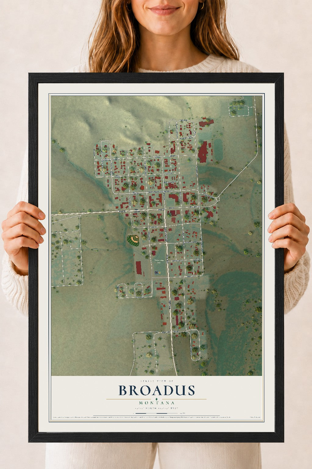 Map of Broadus, Montana, 18 x 24 inch print in a black wood frame
