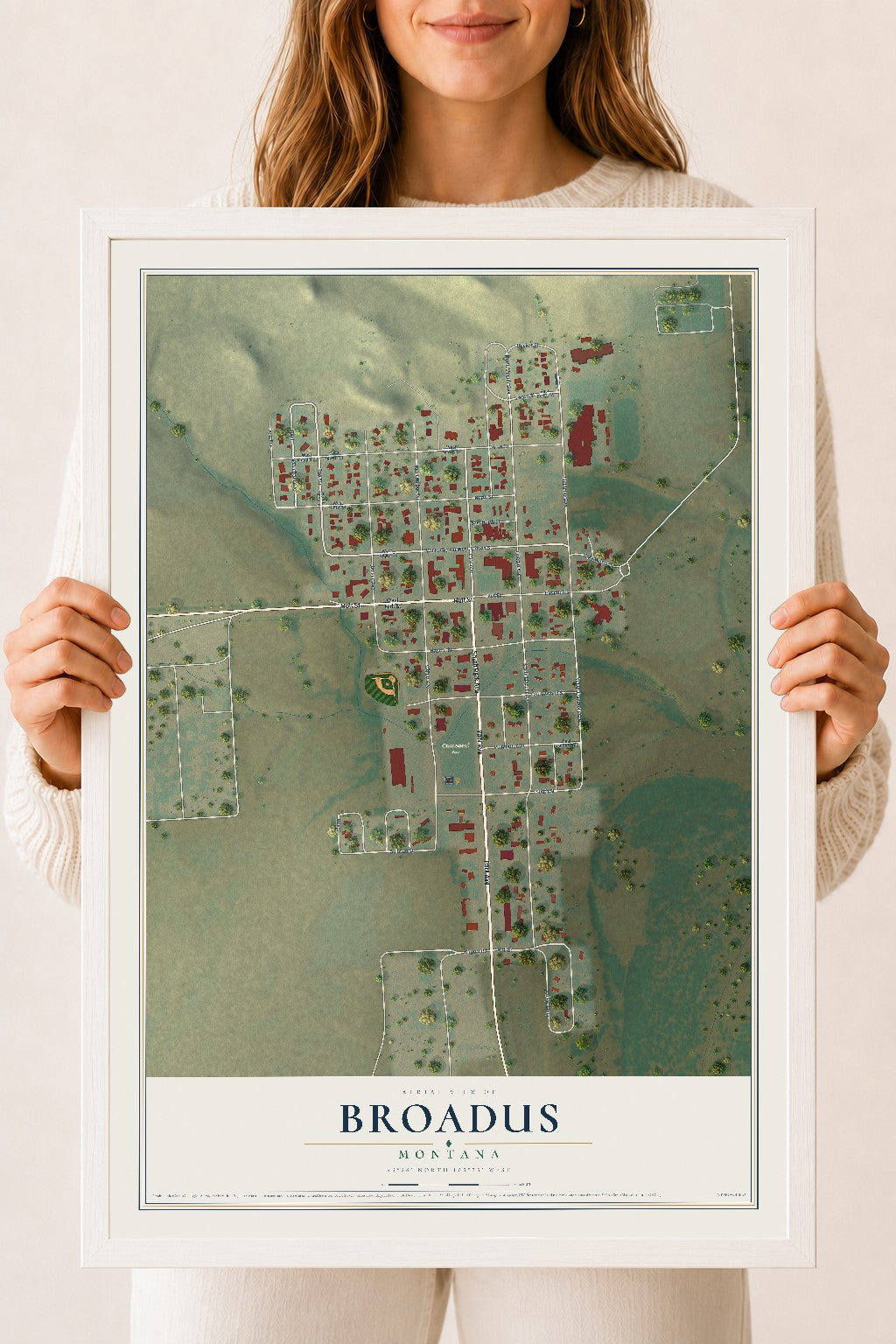 Map of Broadus, Montana, 18 x 24 inch print in a white wood frame