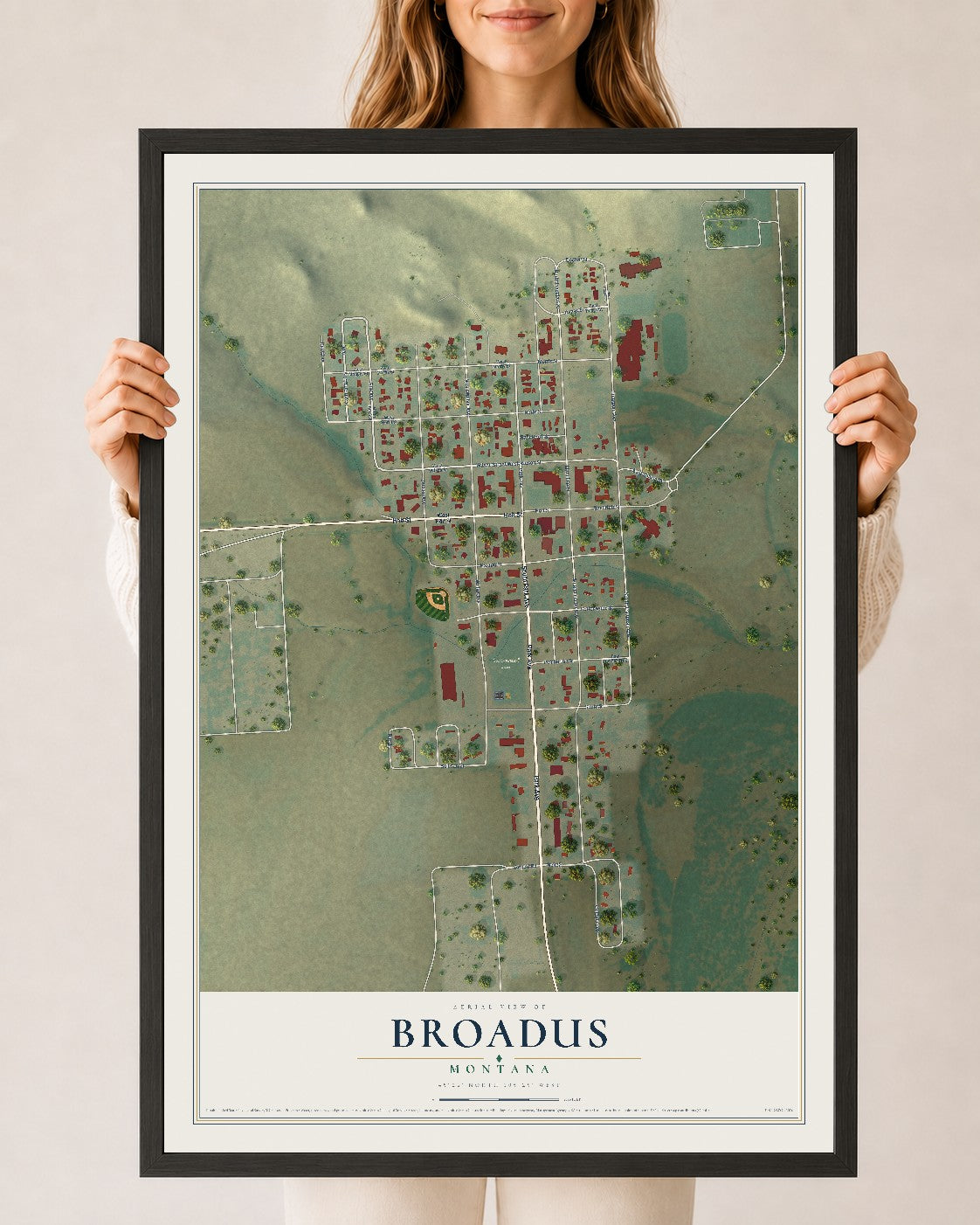 Map of Broadus, Montana, 24 x 36 inch print in a black wood frame