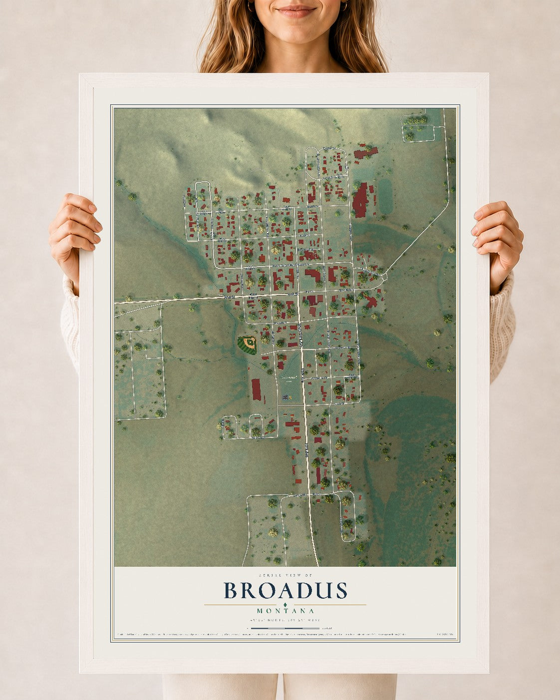Map of Broadus, Montana, 24 x 36 inch print in a white wood frame