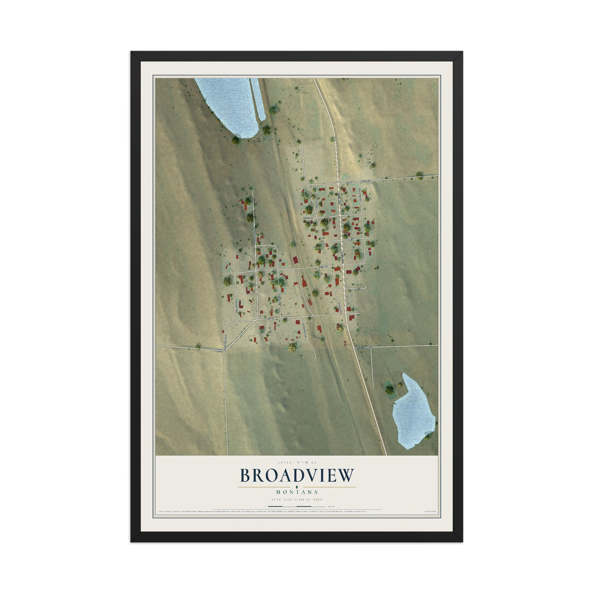Map of Broadview, Montana, 12 x 18 inch print in a black wood frame