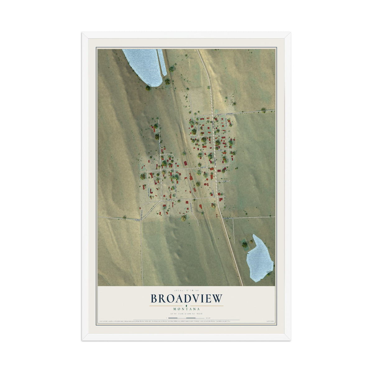 Map of Broadview, Montana, 12 x 18 inch print in a white wood frame