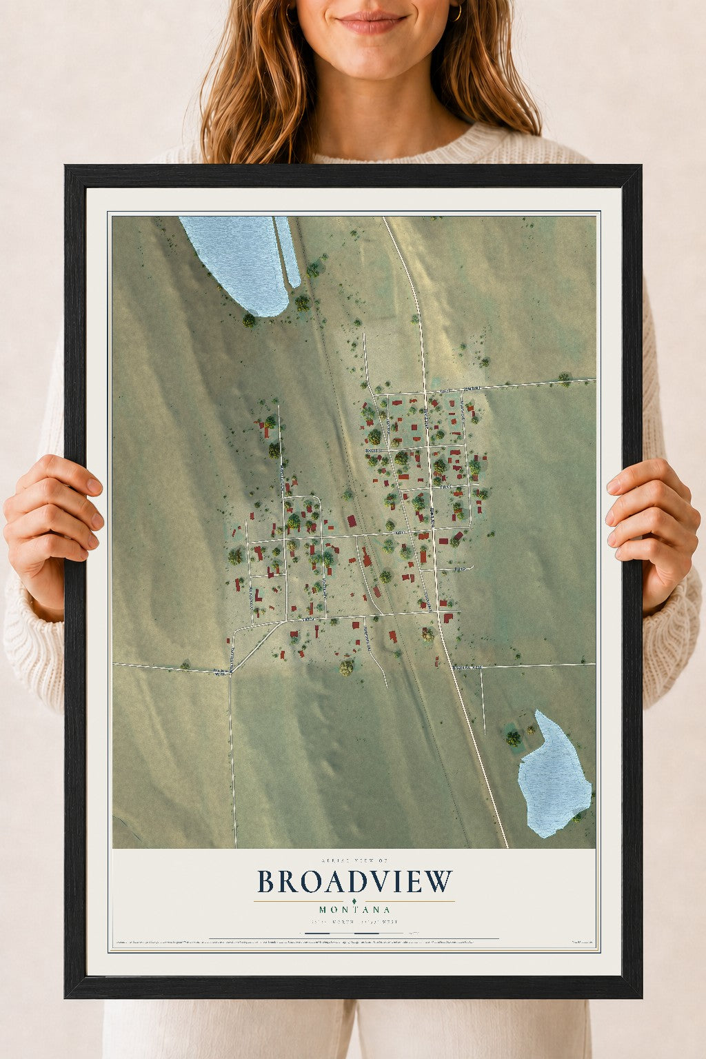 Map of Broadview, Montana, 18 x 24 inch print in a black wood frame