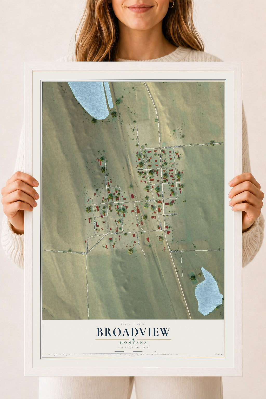 Map of Broadview, Montana, 18 x 24 inch print in a white wood frame