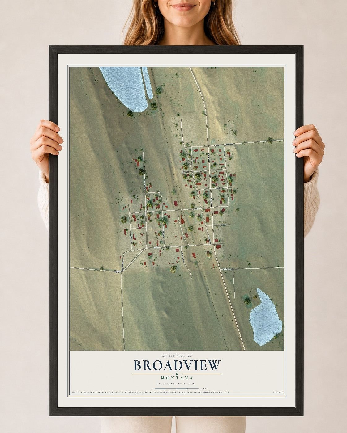 Map of Broadview, Montana, 24 x 36 inch print in a black wood frame