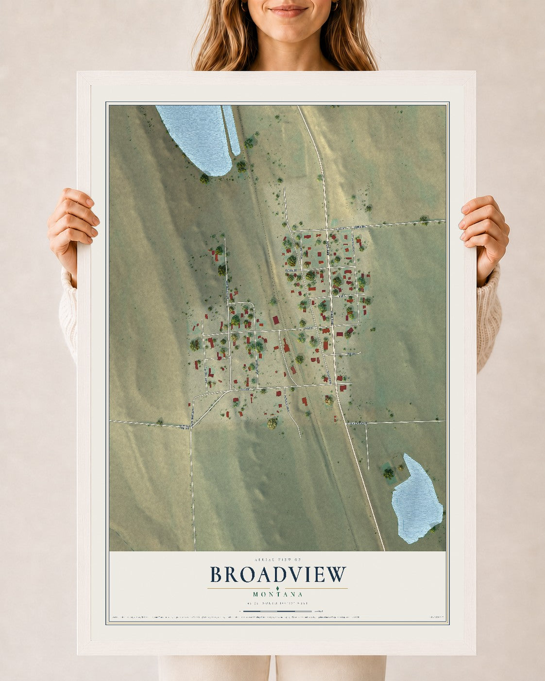Map of Broadview, Montana, 24 x 36 inch print in a white wood frame