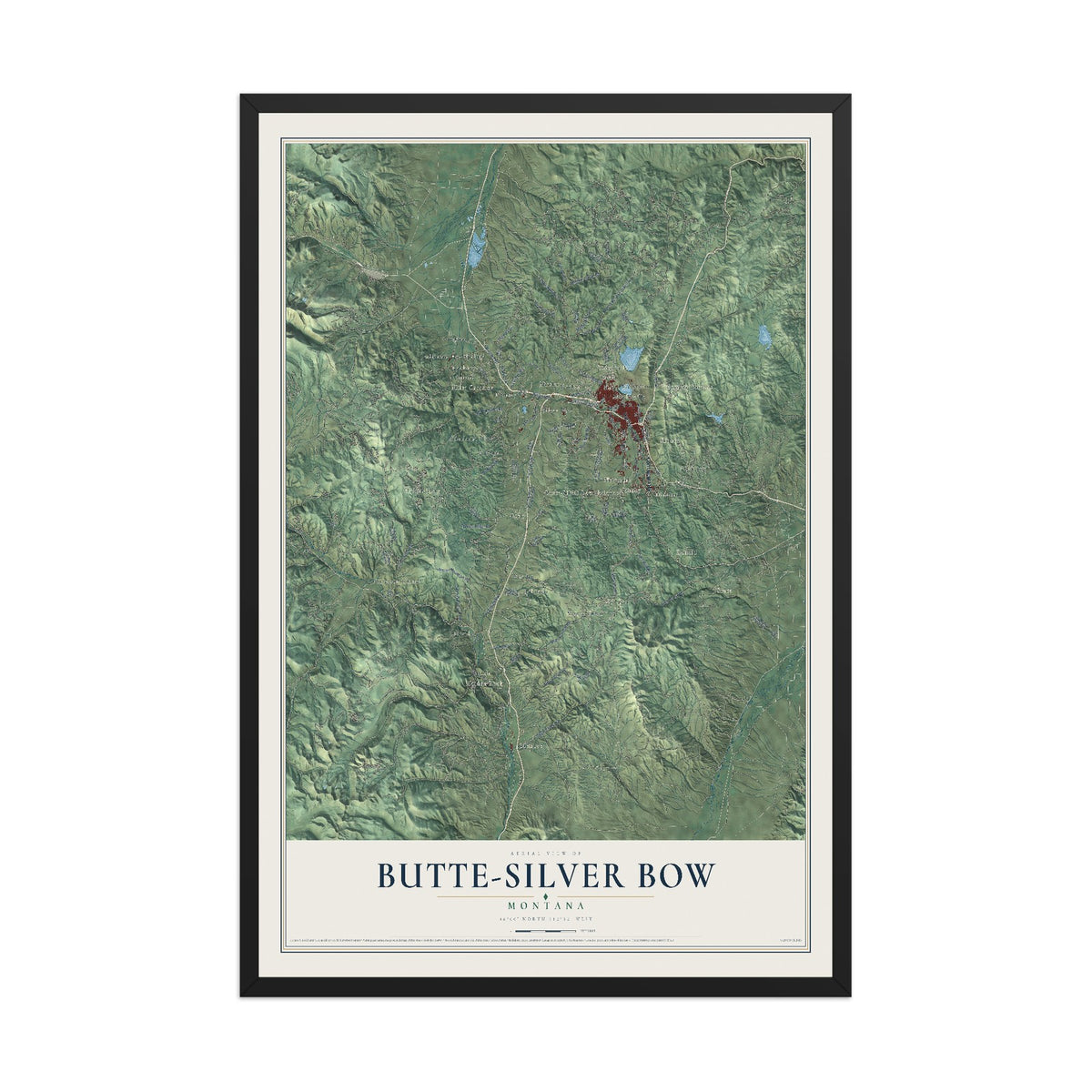 Map of Butte-Silver Bow, Montana, 12 x 18 inch print in a black wood frame