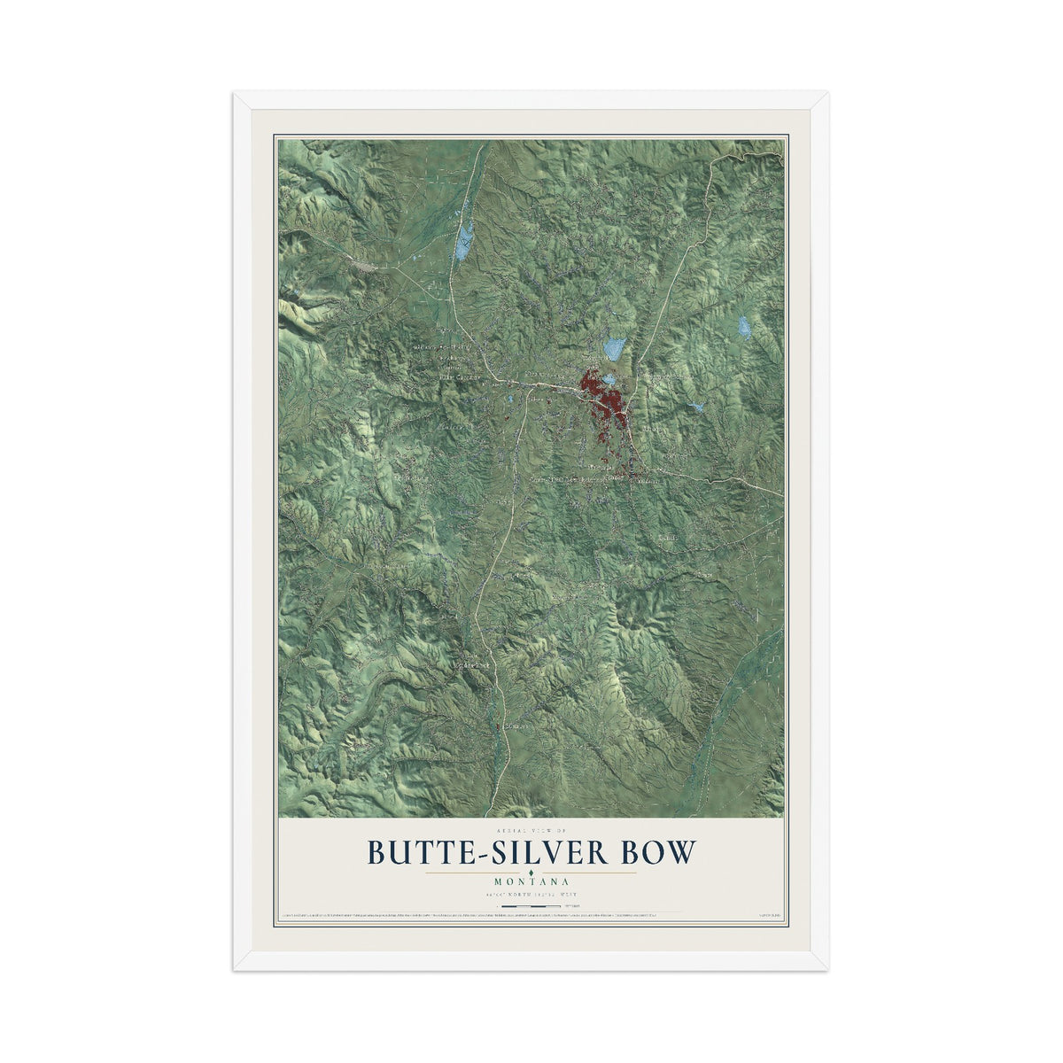 Map of Butte-Silver Bow, Montana, 12 x 18 inch print in a white wood frame