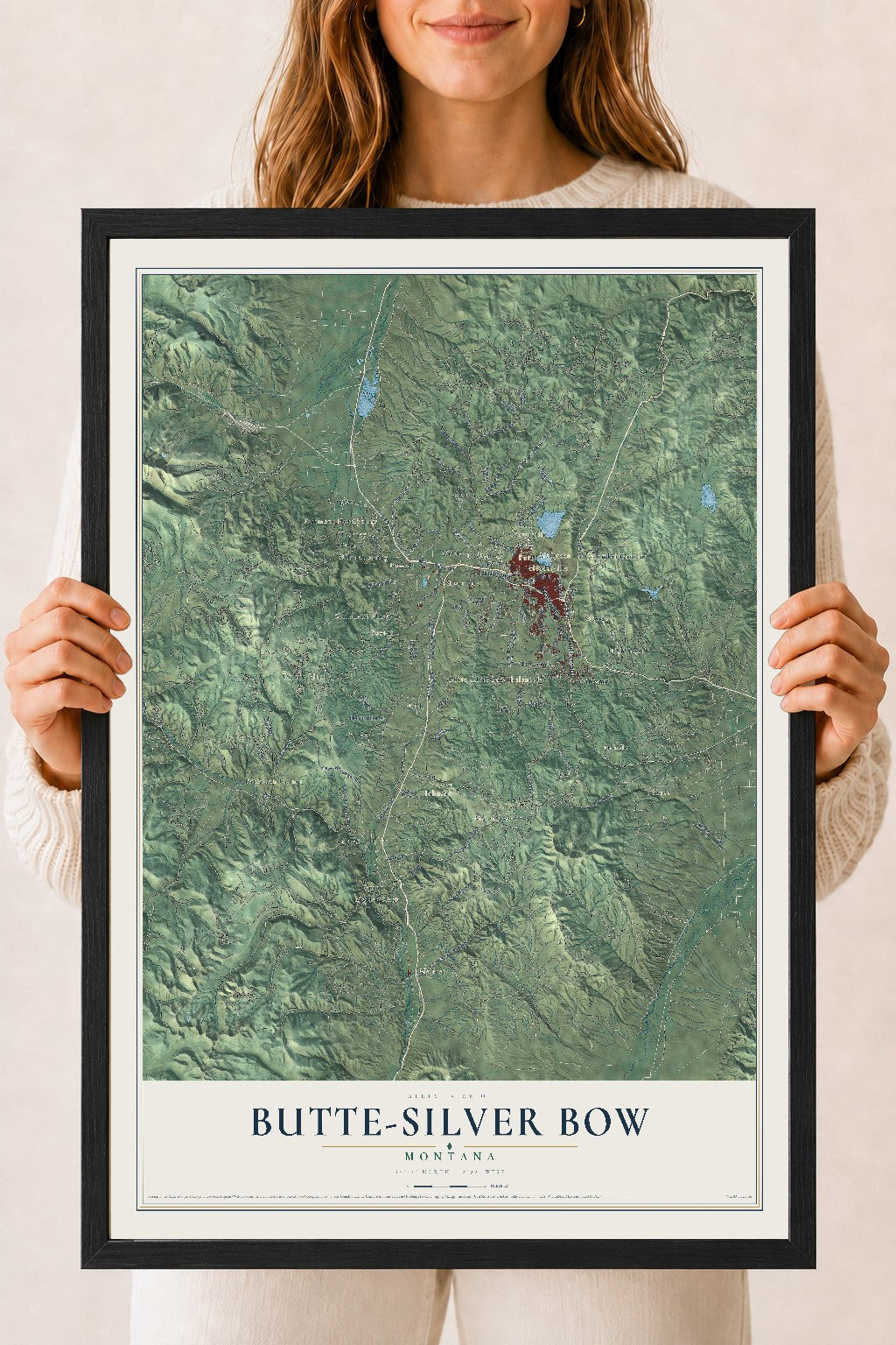 Map of Butte-Silver Bow, Montana, 18 x 24 inch print in a black wood frame