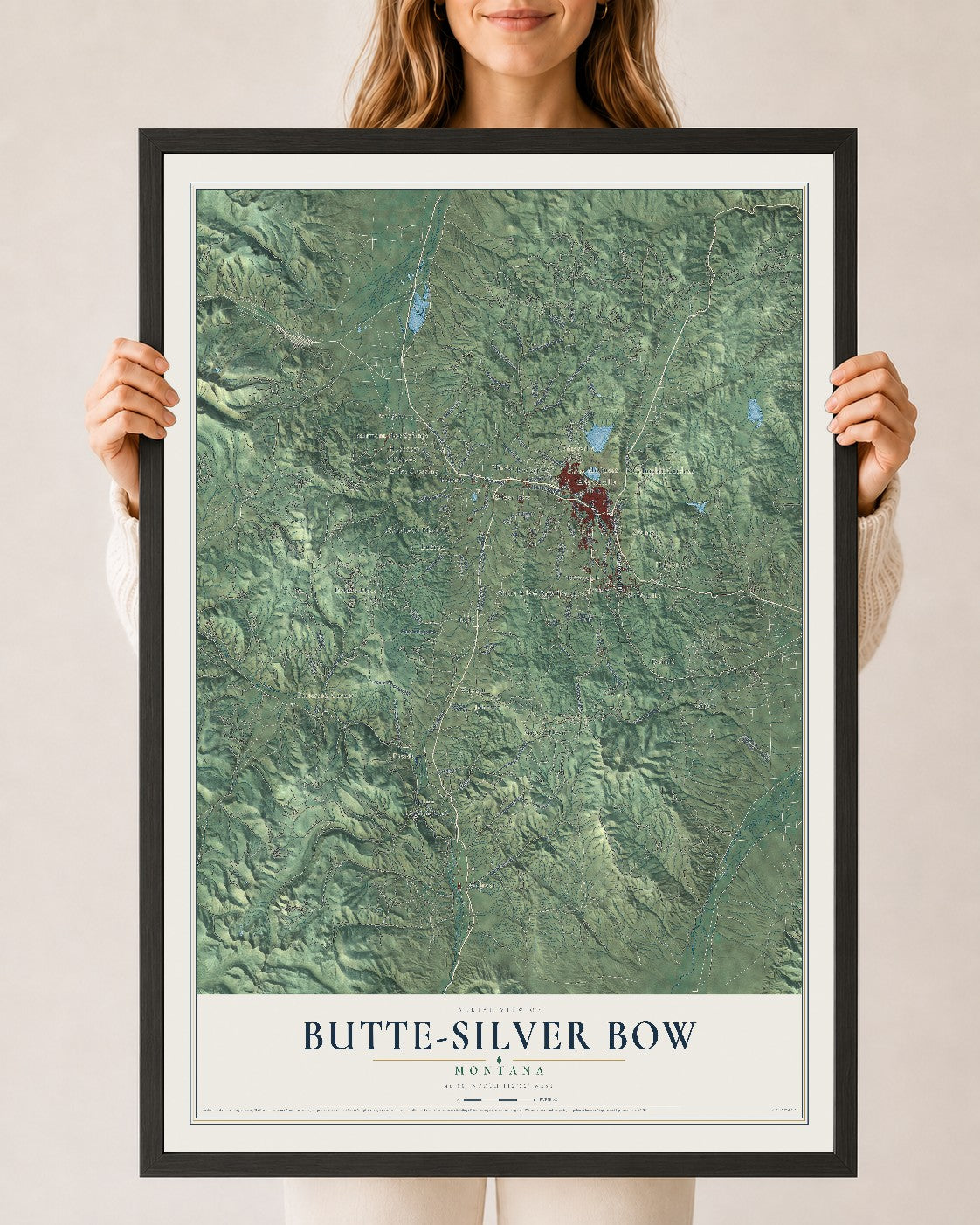 Map of Butte-Silver Bow, Montana, 24 x 36 inch print in a black wood frame