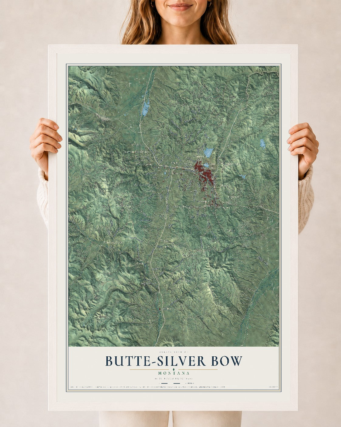 Map of Butte-Silver Bow, Montana, 24 x 36 inch print in a white wood frame