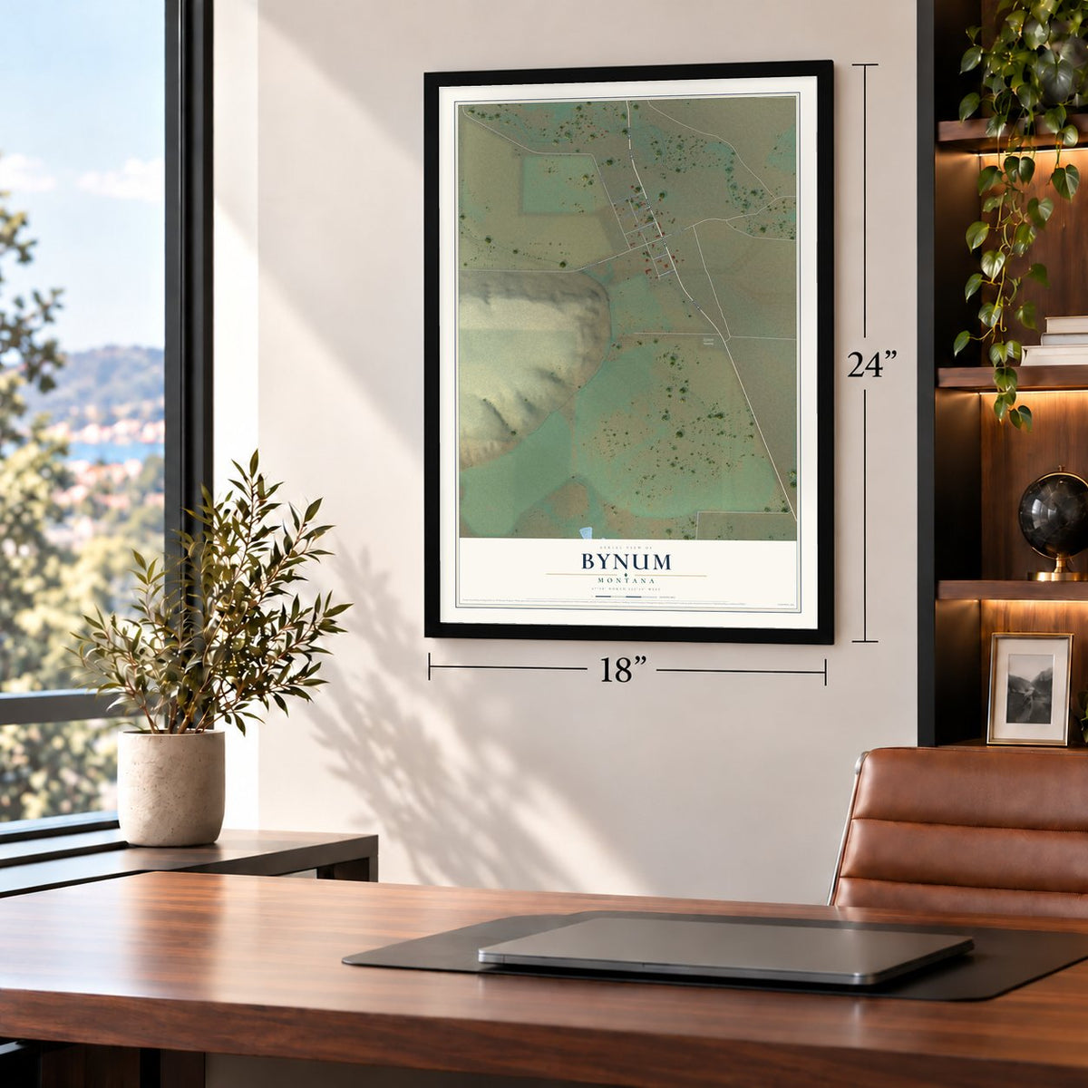 Bynum, Montana map, 18 x 24 inch print in a black frame in a home office