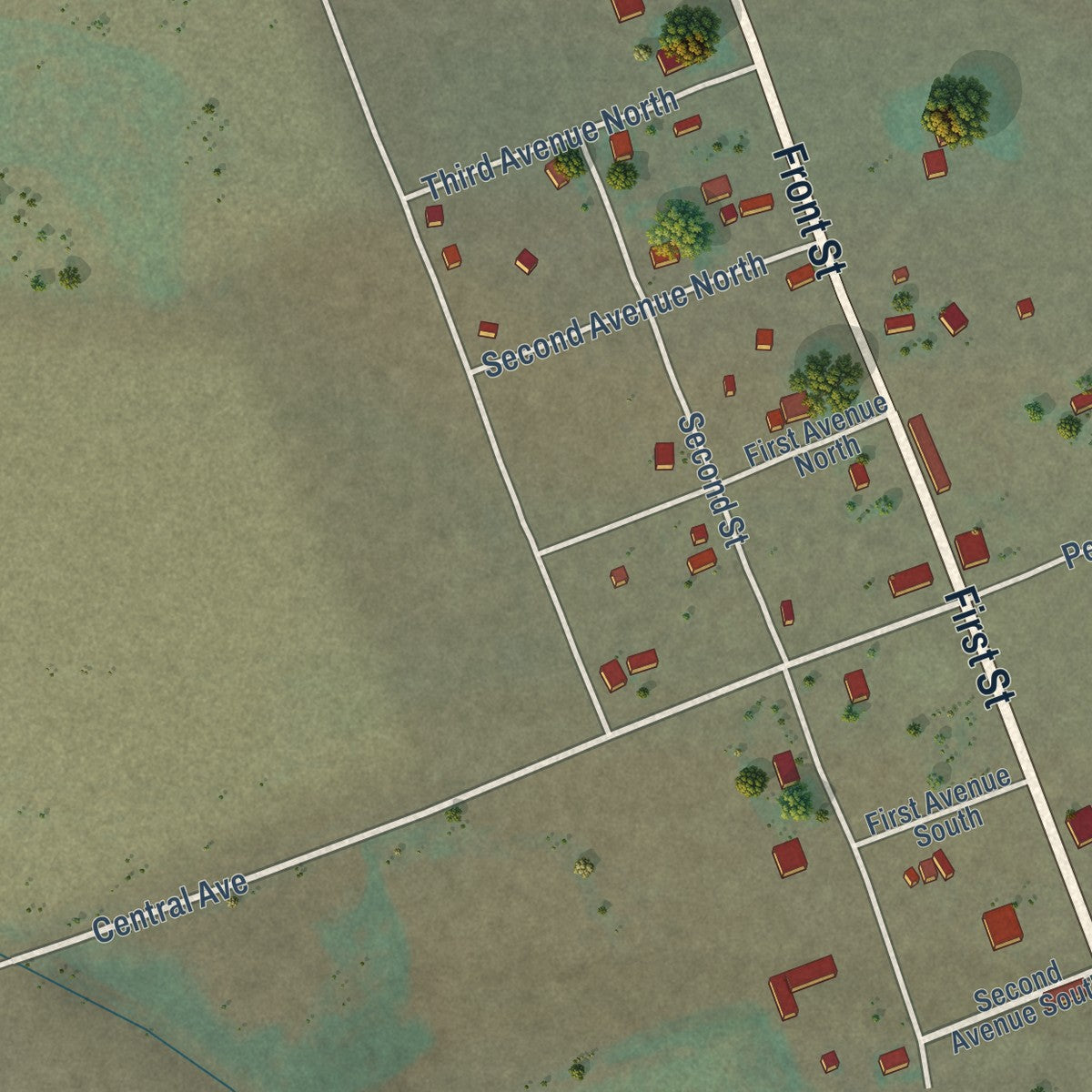 Close-up of the map of Bynum, Montana print showing street and building detail