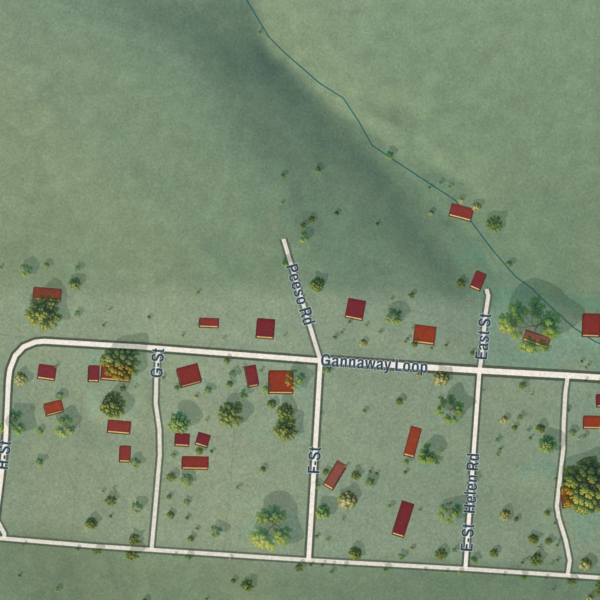 Close-up of the map of Camas, Montana print showing street and building detail