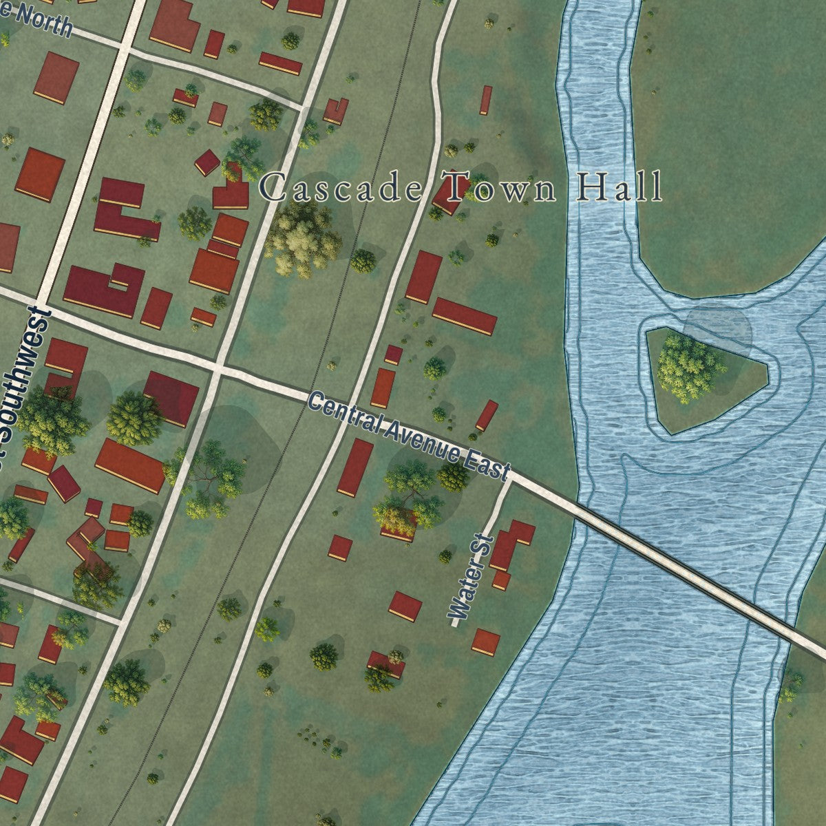 Second close-up of the map of Cascade, Montana print showing more streets and buildings