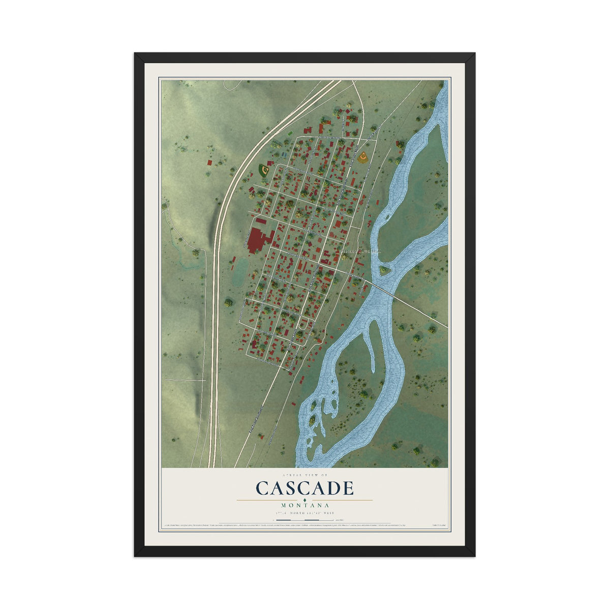 Map of Cascade, Montana, 12 x 18 inch print in a black wood frame