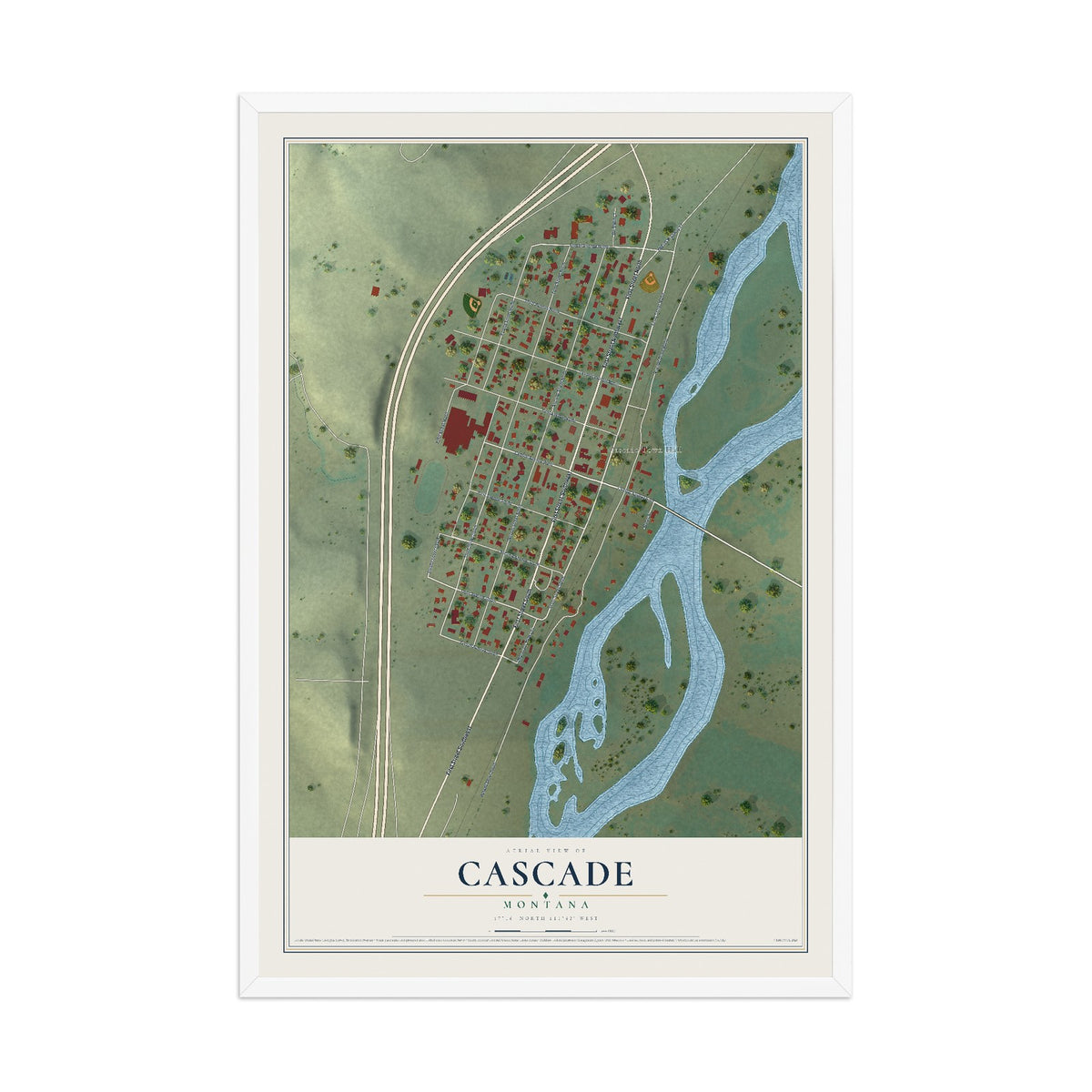 Map of Cascade, Montana, 12 x 18 inch print in a white wood frame