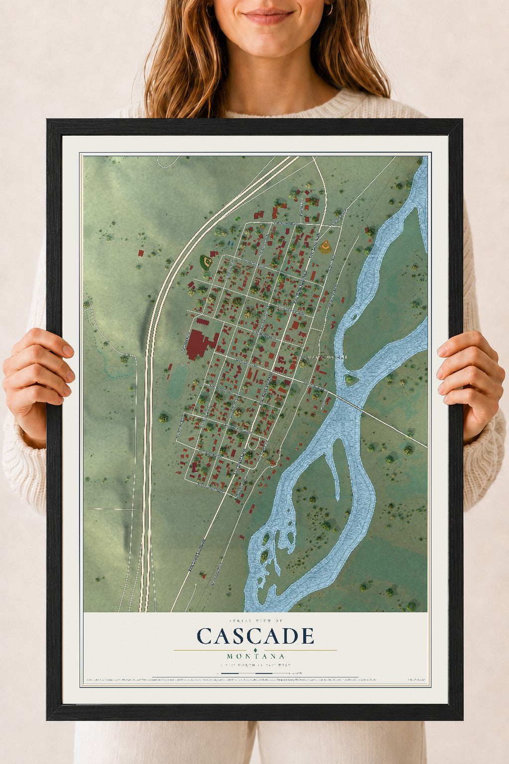 Map of Cascade, Montana, 18 x 24 inch print in a black wood frame