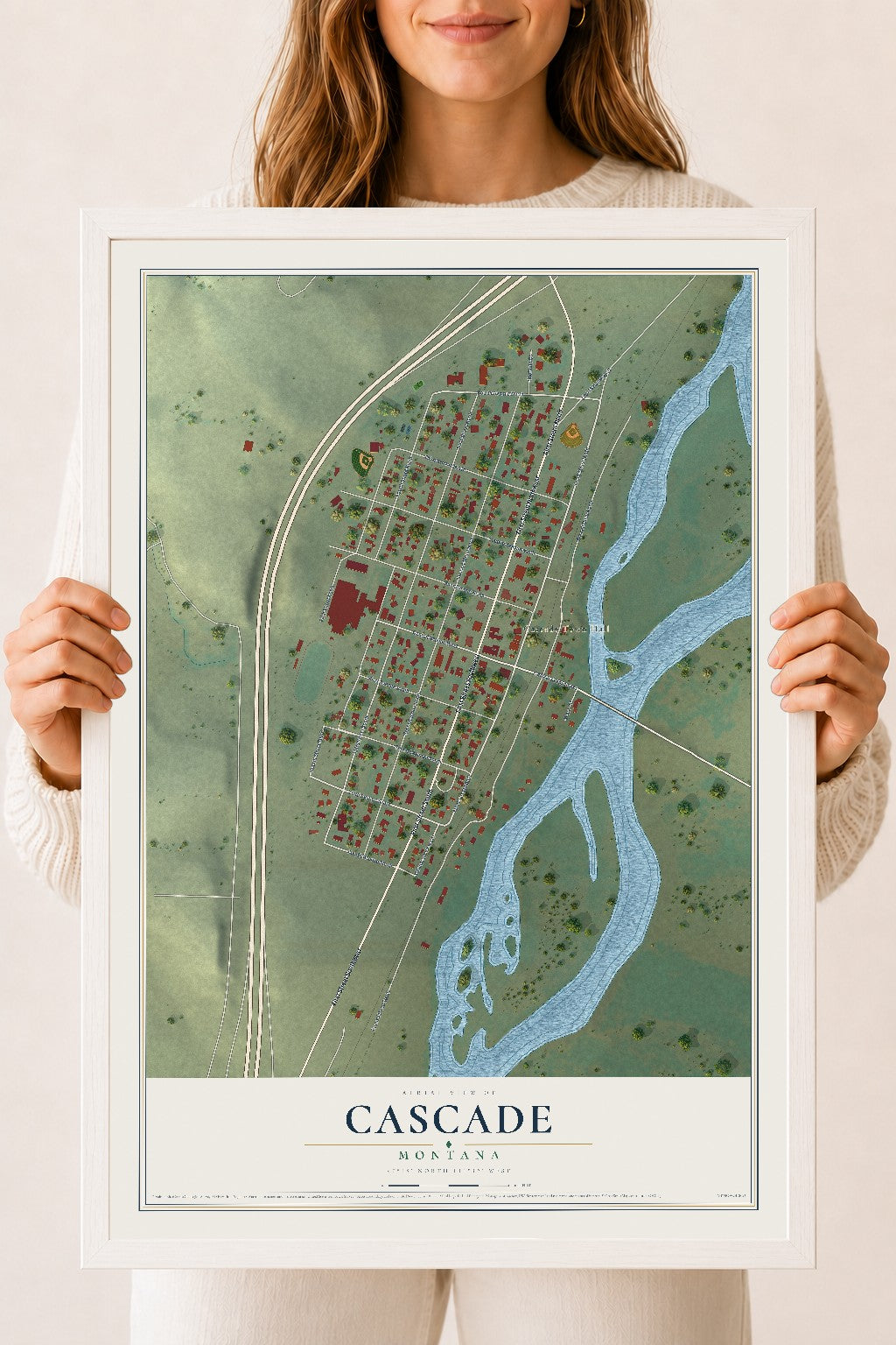 Map of Cascade, Montana, 18 x 24 inch print in a white wood frame