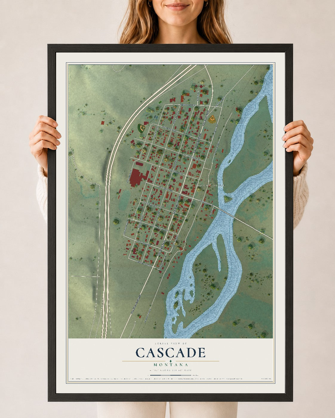 Map of Cascade, Montana, 24 x 36 inch print in a black wood frame