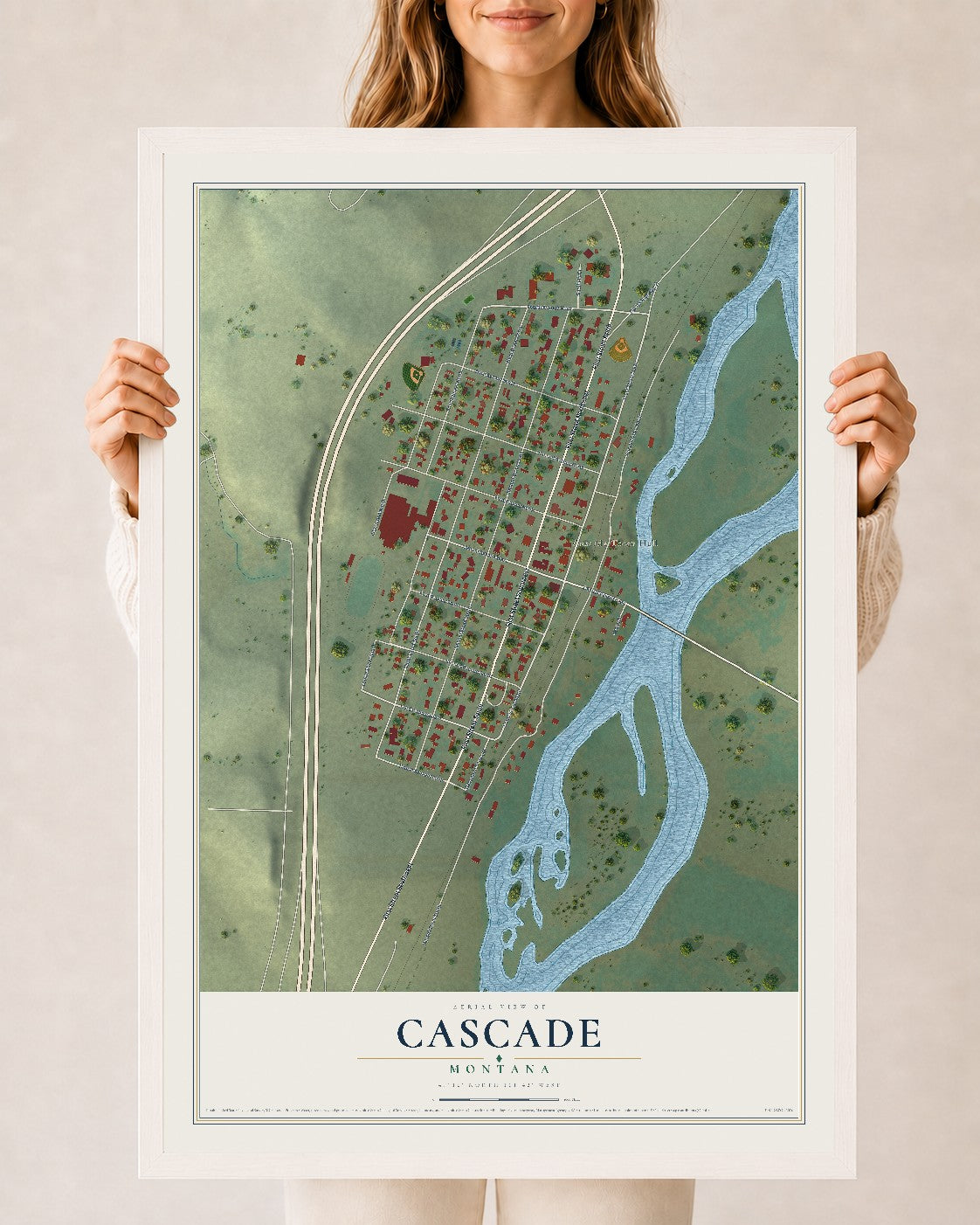 Map of Cascade, Montana, 24 x 36 inch print in a white wood frame