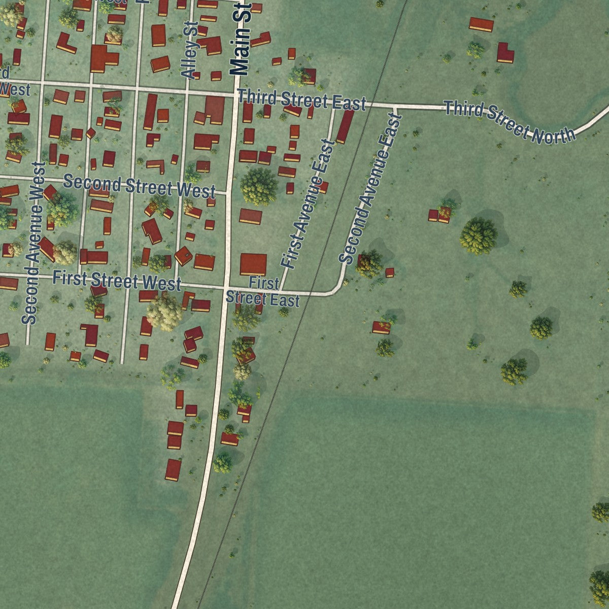 Close-up of the map of Charlo, Montana print showing street and building detail