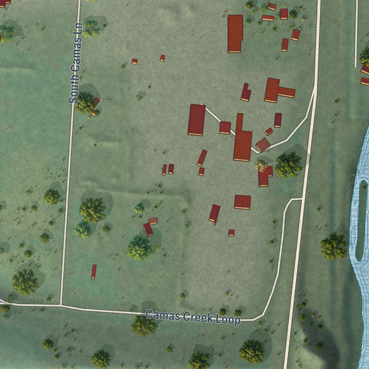 Close-up of the map of Charlos Heights, Montana print showing street and building detail