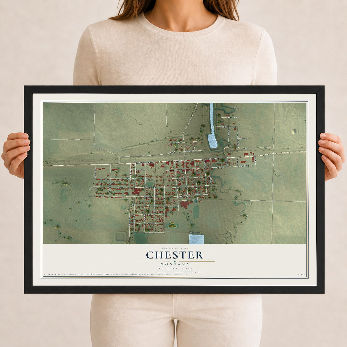 Map of Chester, Montana, 12 x 18 inch print in a black wood frame
