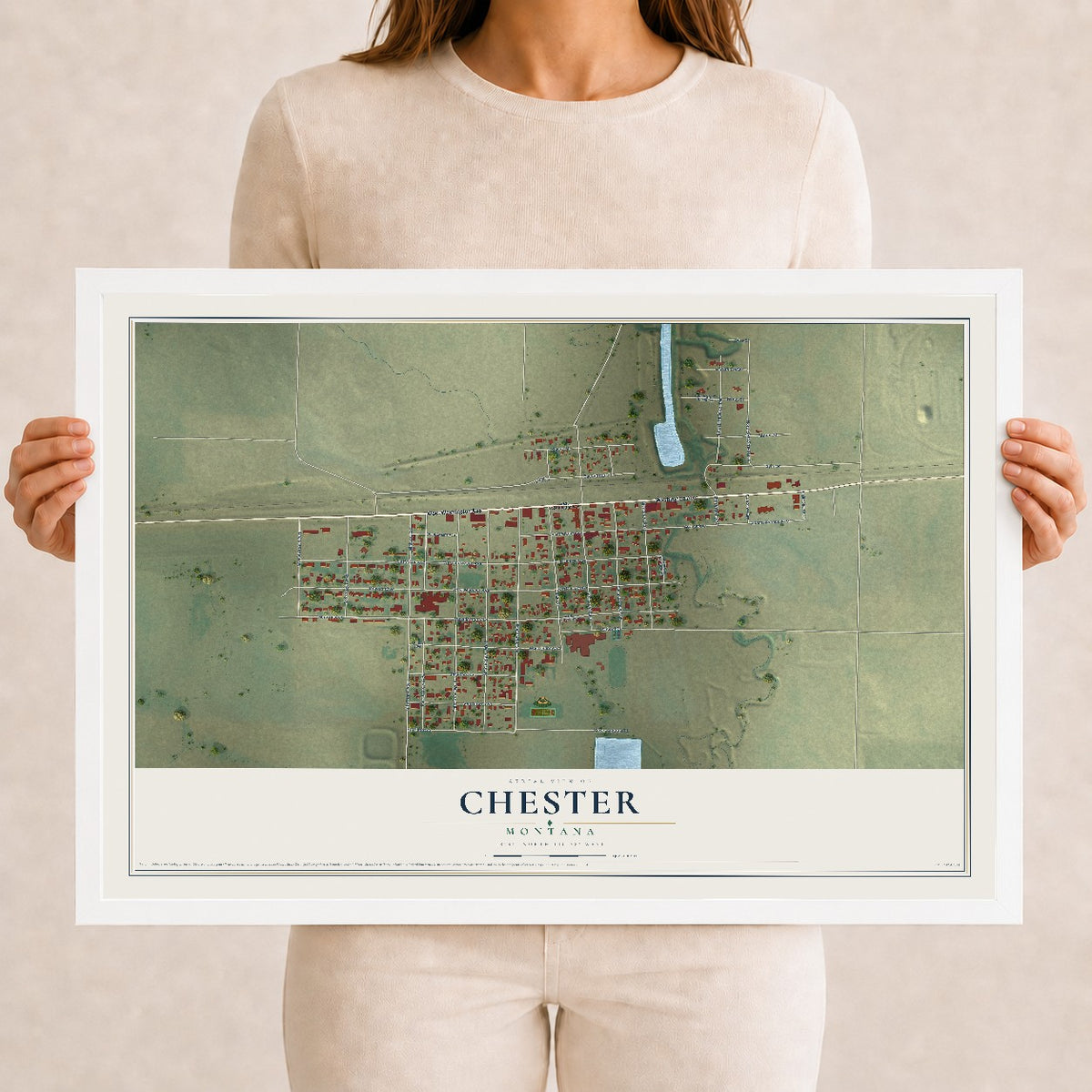 Map of Chester, Montana, 12 x 18 inch print in a white wood frame