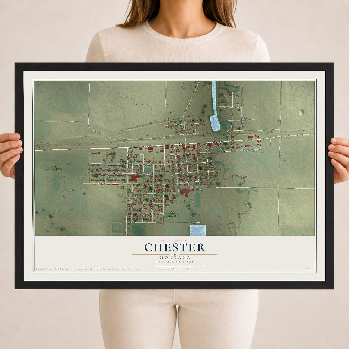 Map of Chester, Montana, 18 x 24 inch print in a black wood frame