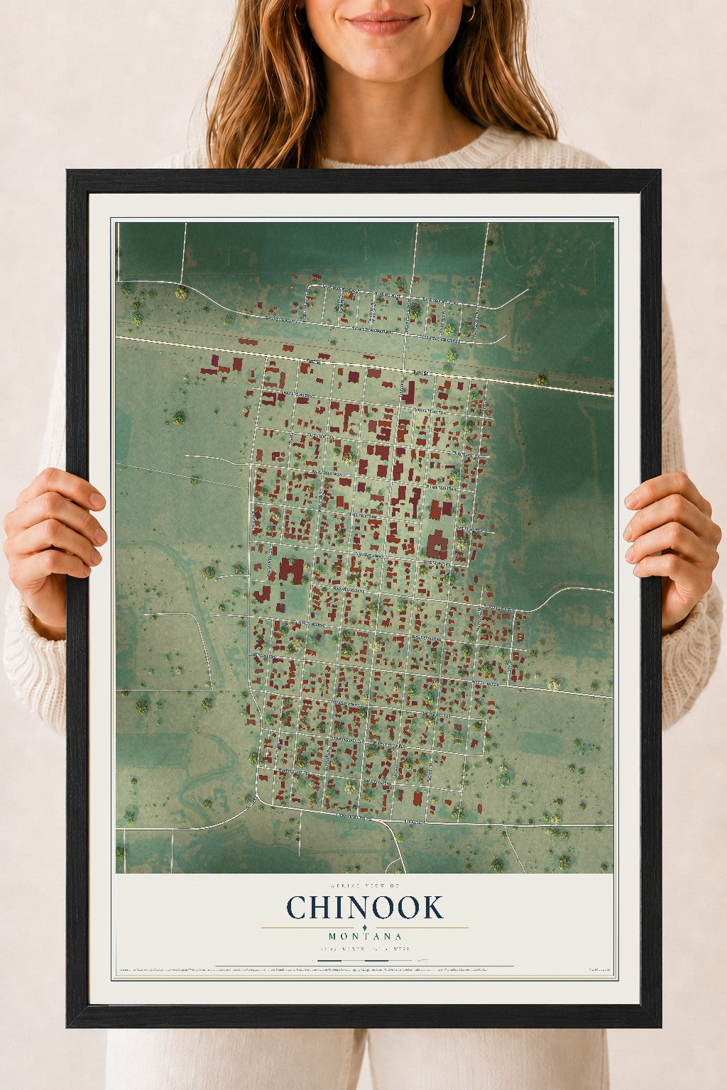 Map of Chinook, Montana, 18 x 24 inch print in a black wood frame