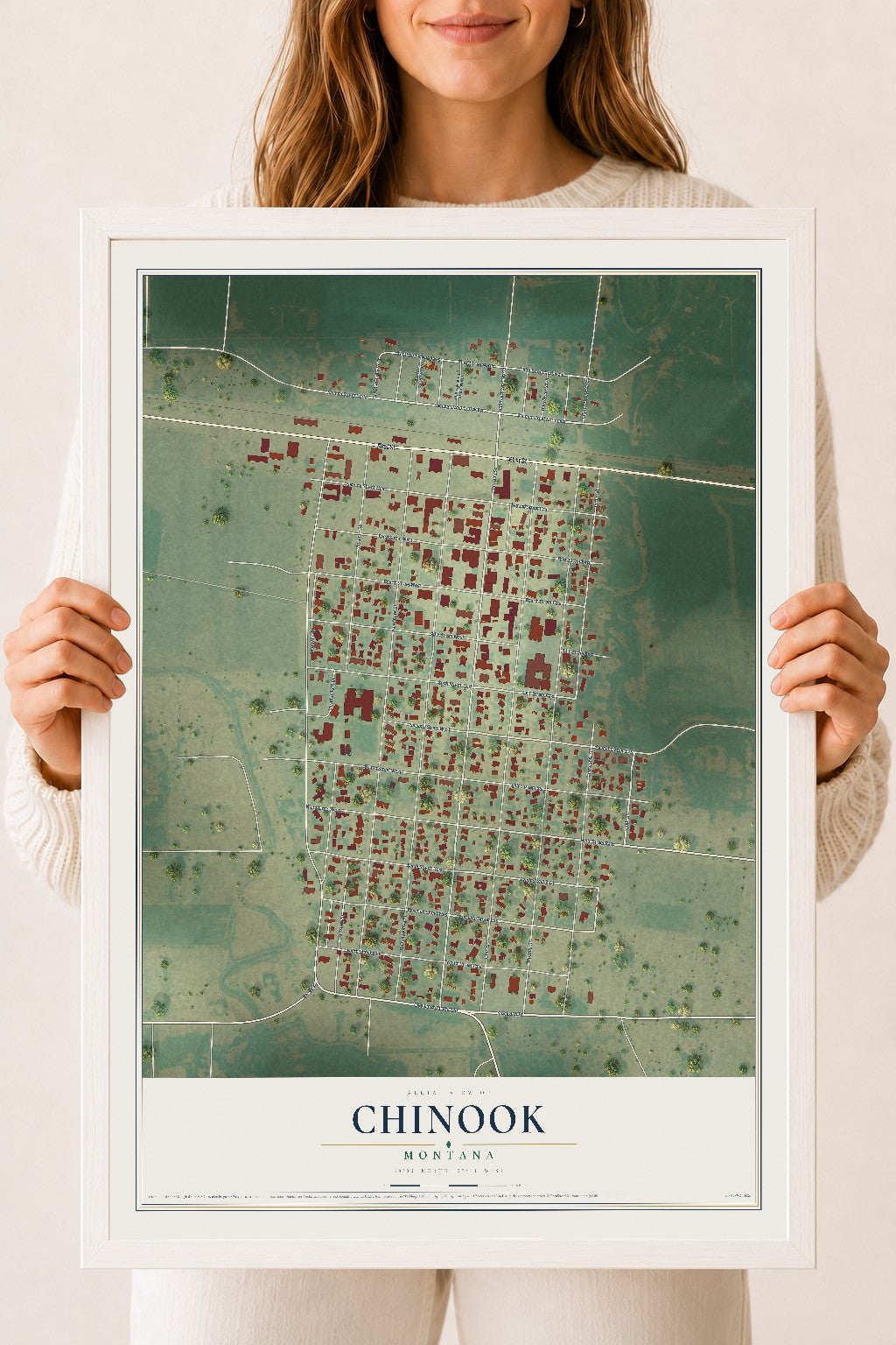 Map of Chinook, Montana, 18 x 24 inch print in a white wood frame