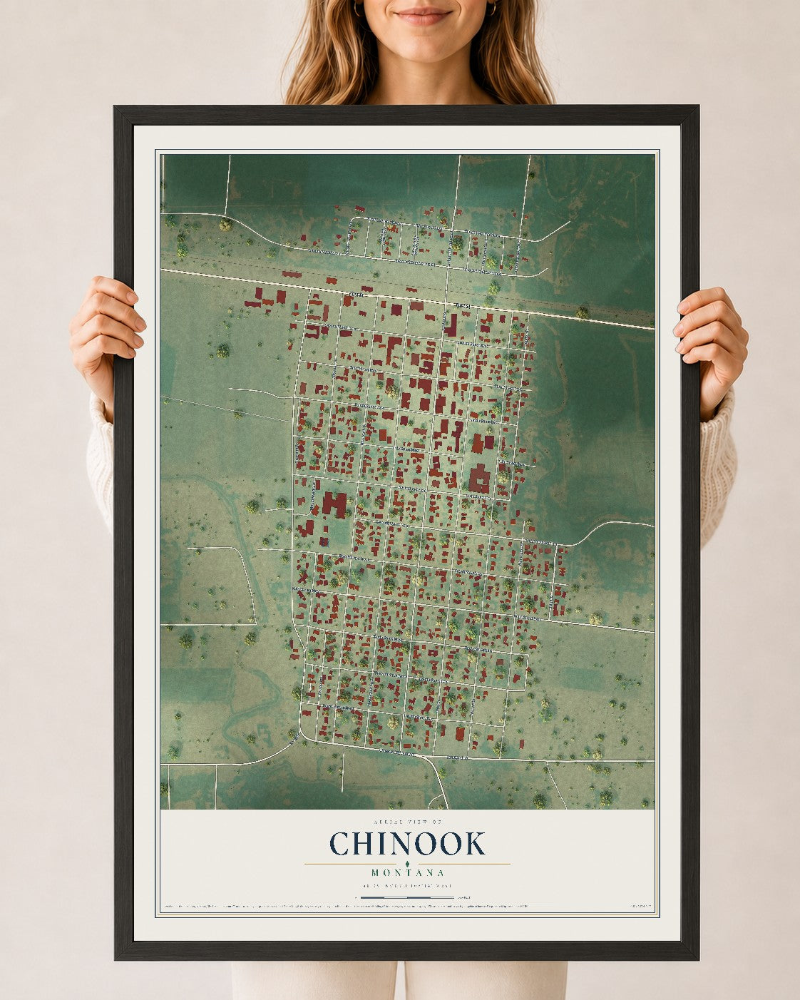 Map of Chinook, Montana, 24 x 36 inch print in a black wood frame