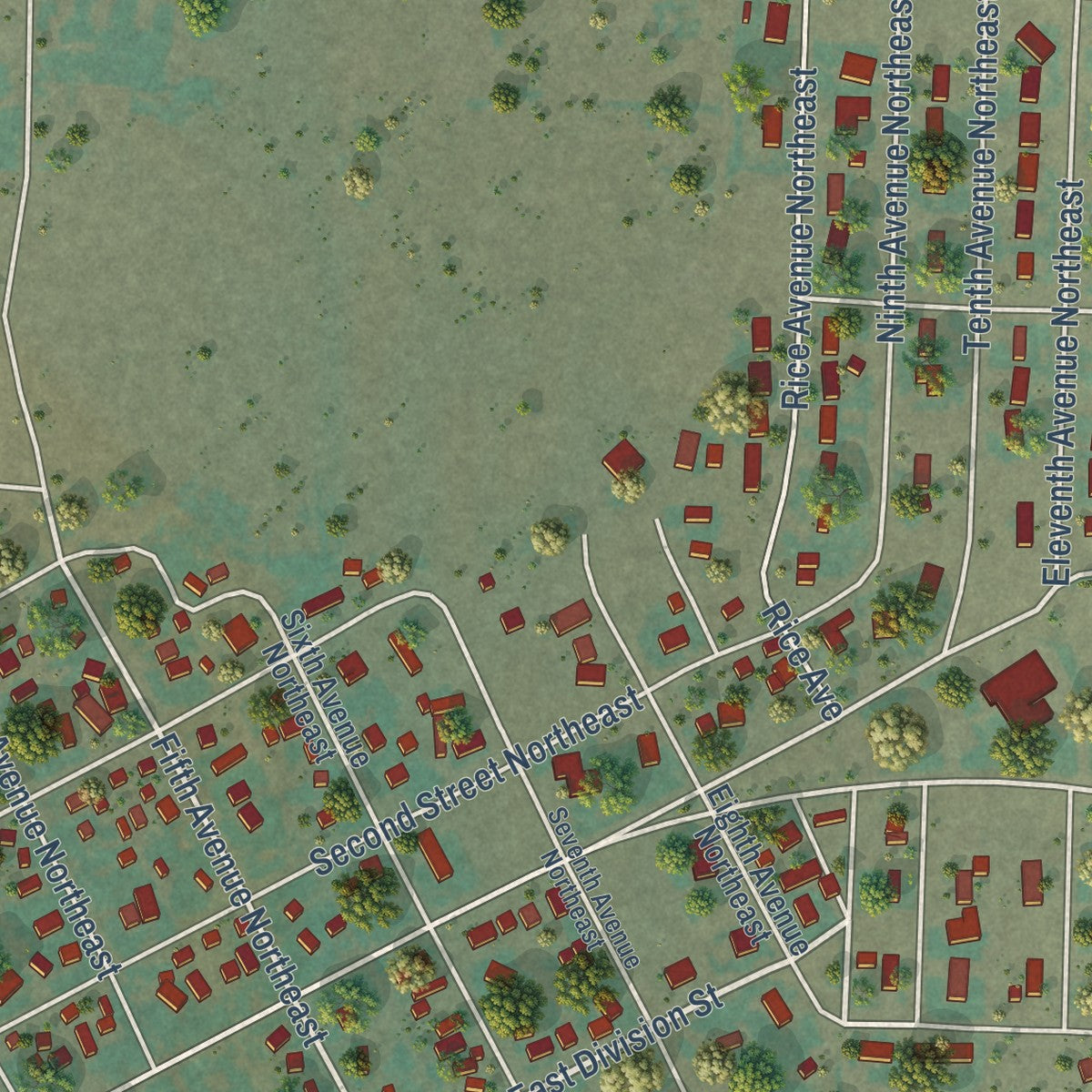 Second close-up of the map of Choteau, Montana print showing more streets and buildings