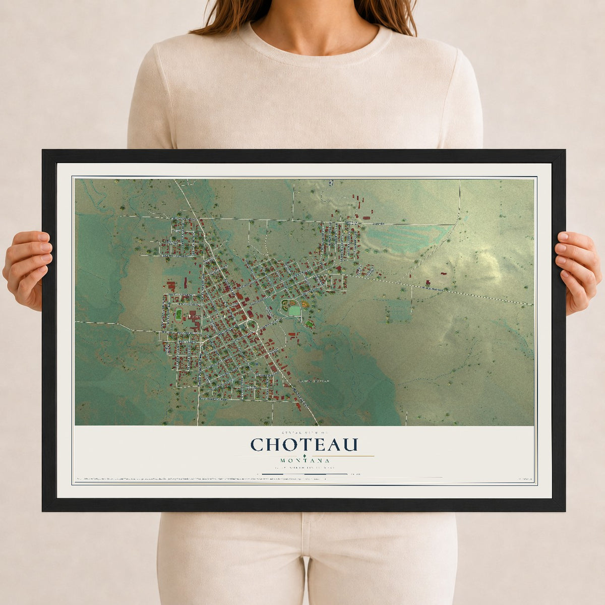 Map of Choteau, Montana, 12 x 18 inch print in a black wood frame