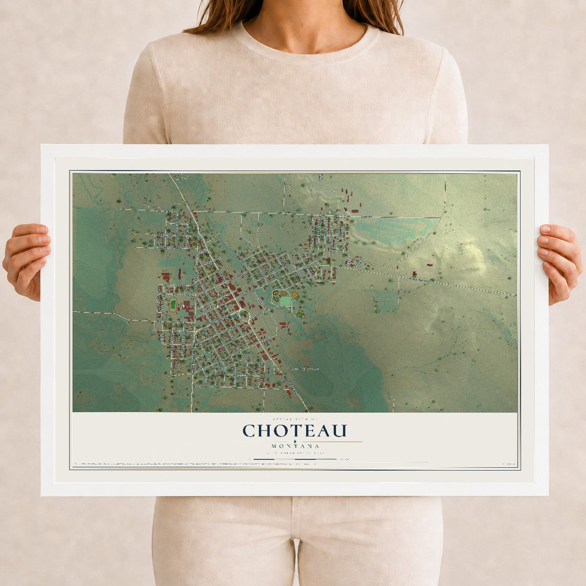 Map of Choteau, Montana, 12 x 18 inch print in a white wood frame