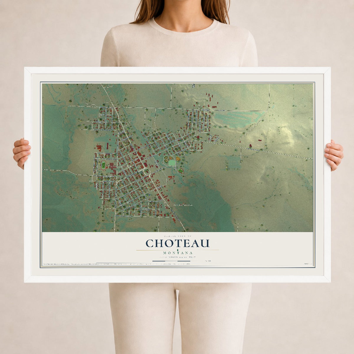 Map of Choteau, Montana, 24 x 36 inch print in a white wood frame