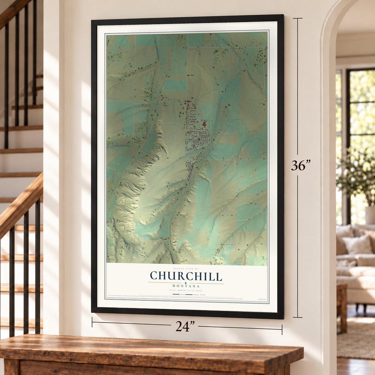 Churchill, Montana map, 24 x 36 inch print in a black frame by a staircase