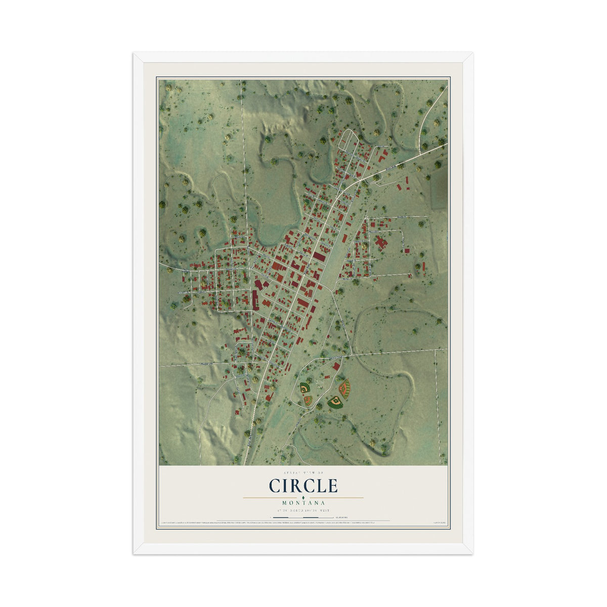 Map of Circle, Montana, 12 x 18 inch print in a white wood frame