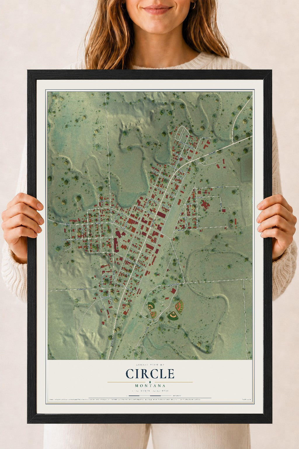 Map of Circle, Montana, 18 x 24 inch print in a black wood frame