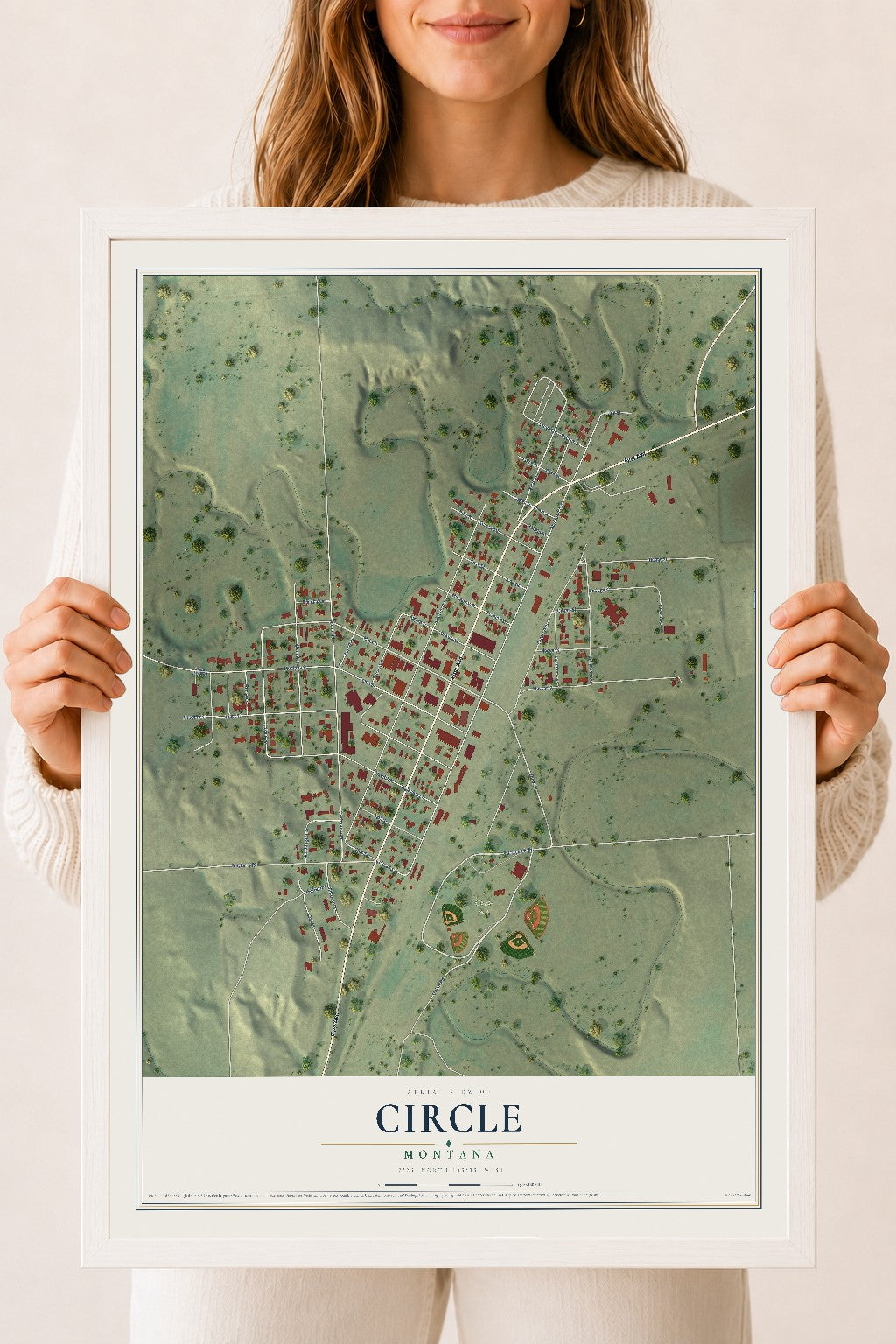 Map of Circle, Montana, 18 x 24 inch print in a white wood frame