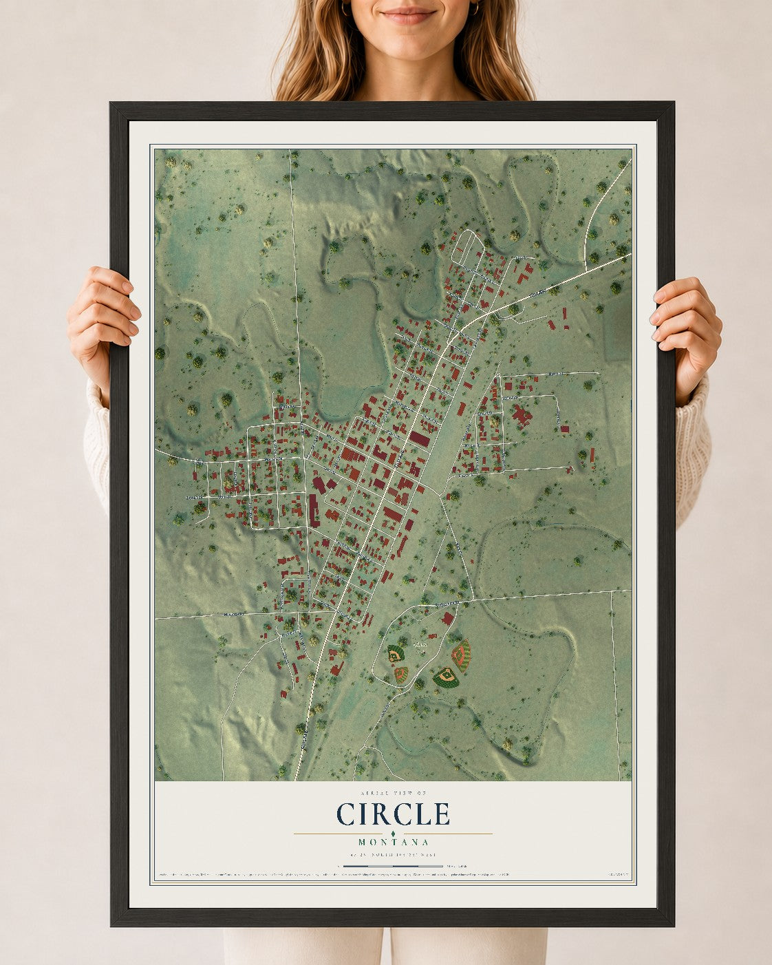 Map of Circle, Montana, 24 x 36 inch print in a black wood frame