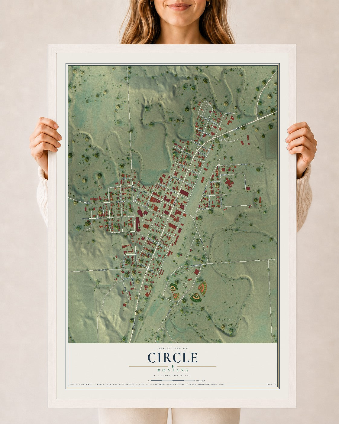Map of Circle, Montana, 24 x 36 inch print in a white wood frame
