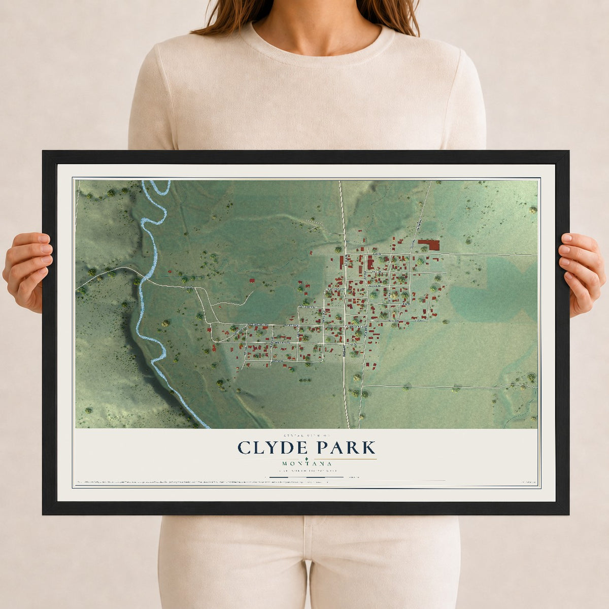 Map of Clyde Park, Montana, 12 x 18 inch print in a black wood frame