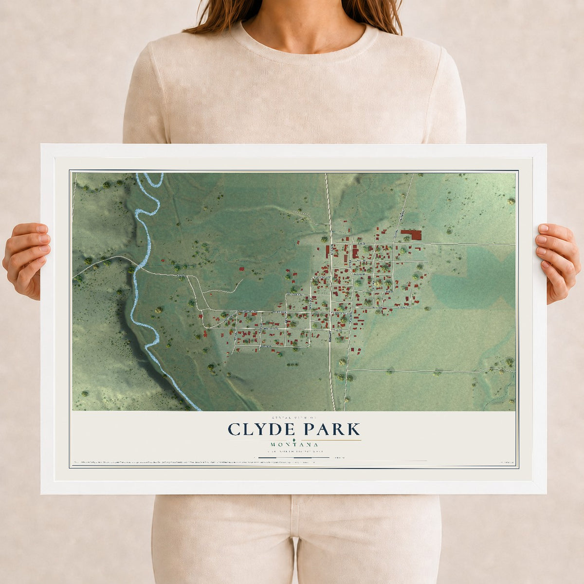 Map of Clyde Park, Montana, 12 x 18 inch print in a white wood frame
