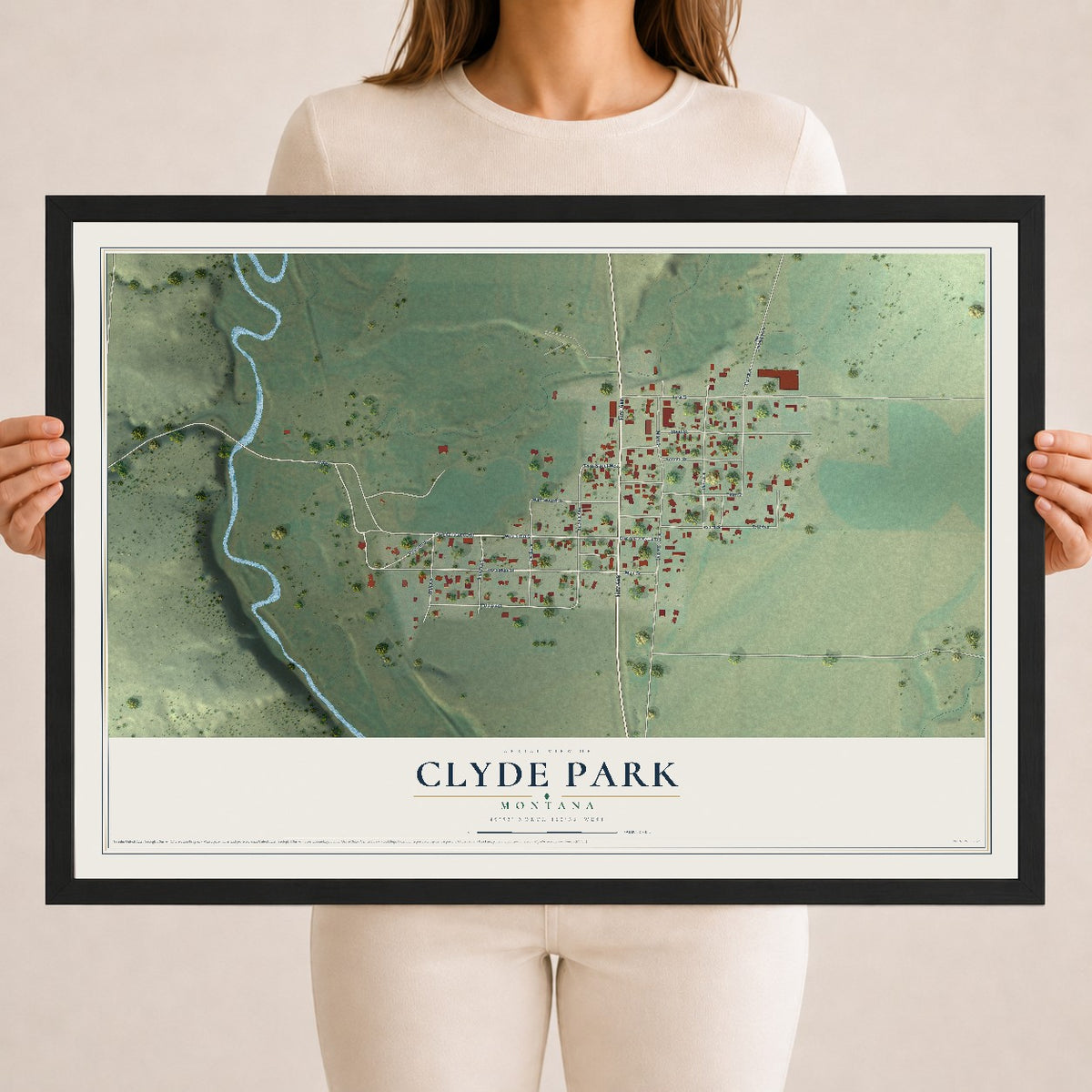Map of Clyde Park, Montana, 18 x 24 inch print in a black wood frame