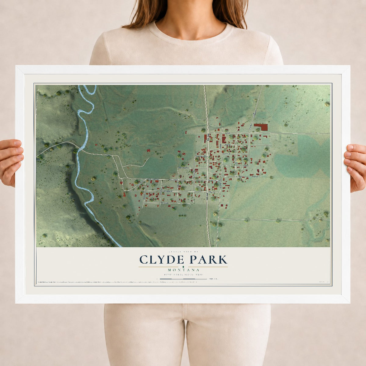 Map of Clyde Park, Montana, 18 x 24 inch print in a white wood frame